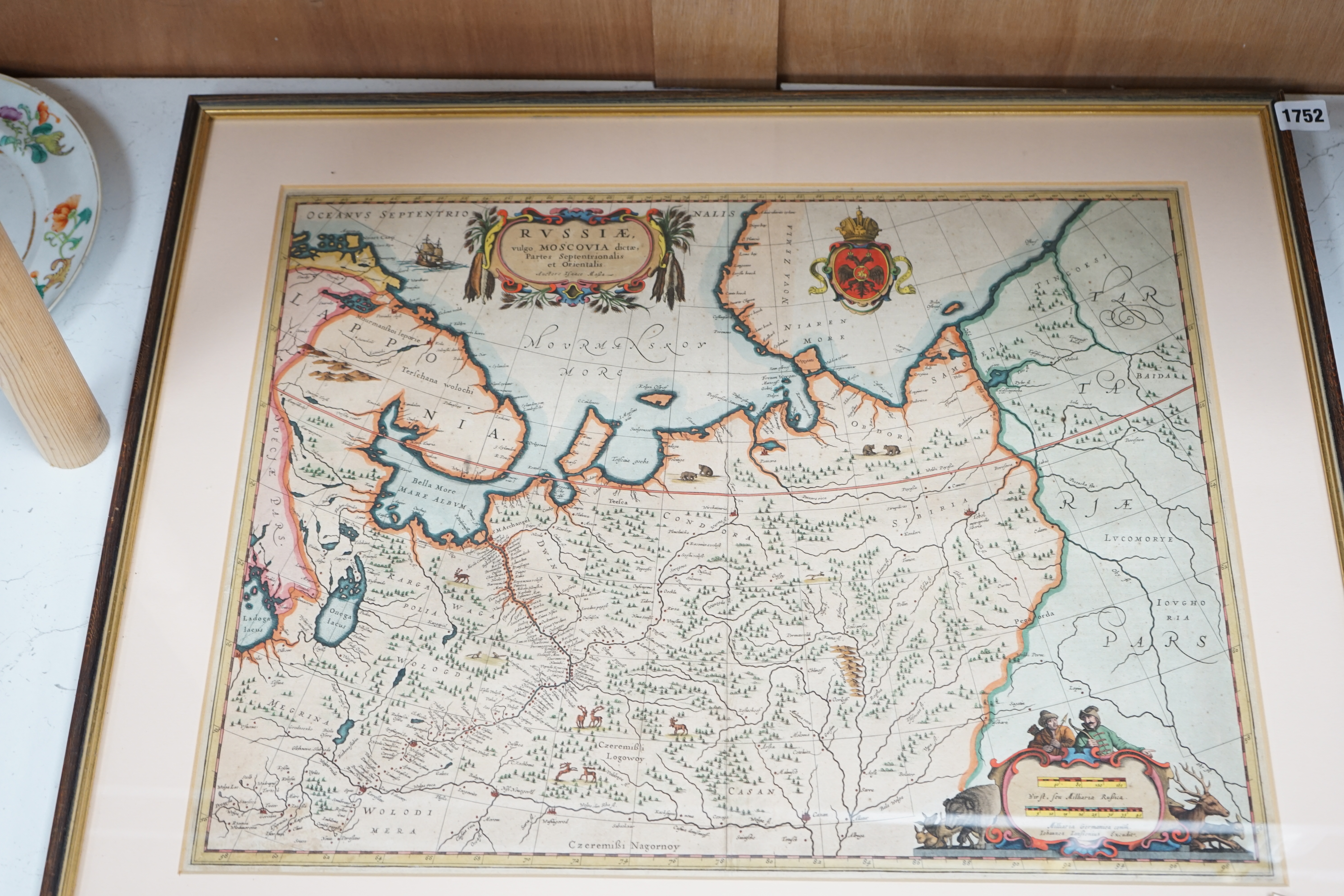 After Isaac Massa (Dutch, 1586-1643), hand coloured engraved map of Moscow, (Russiae Vulgo Moscovia), 43 x 54cm. Condition - fair, some light discolouration and spots of foxing throughout